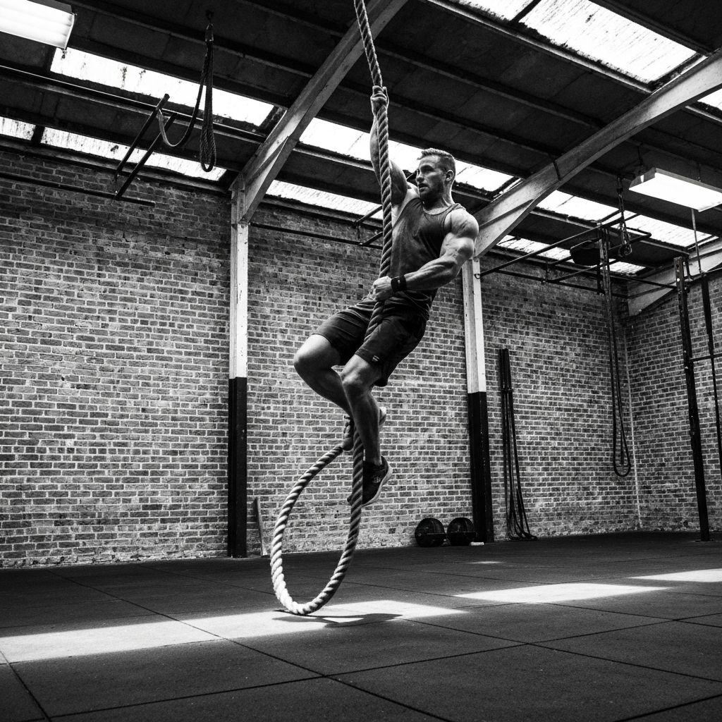 Atleta escalando corda em ginásio CrossFit, treino de resistência e condicionamento físico