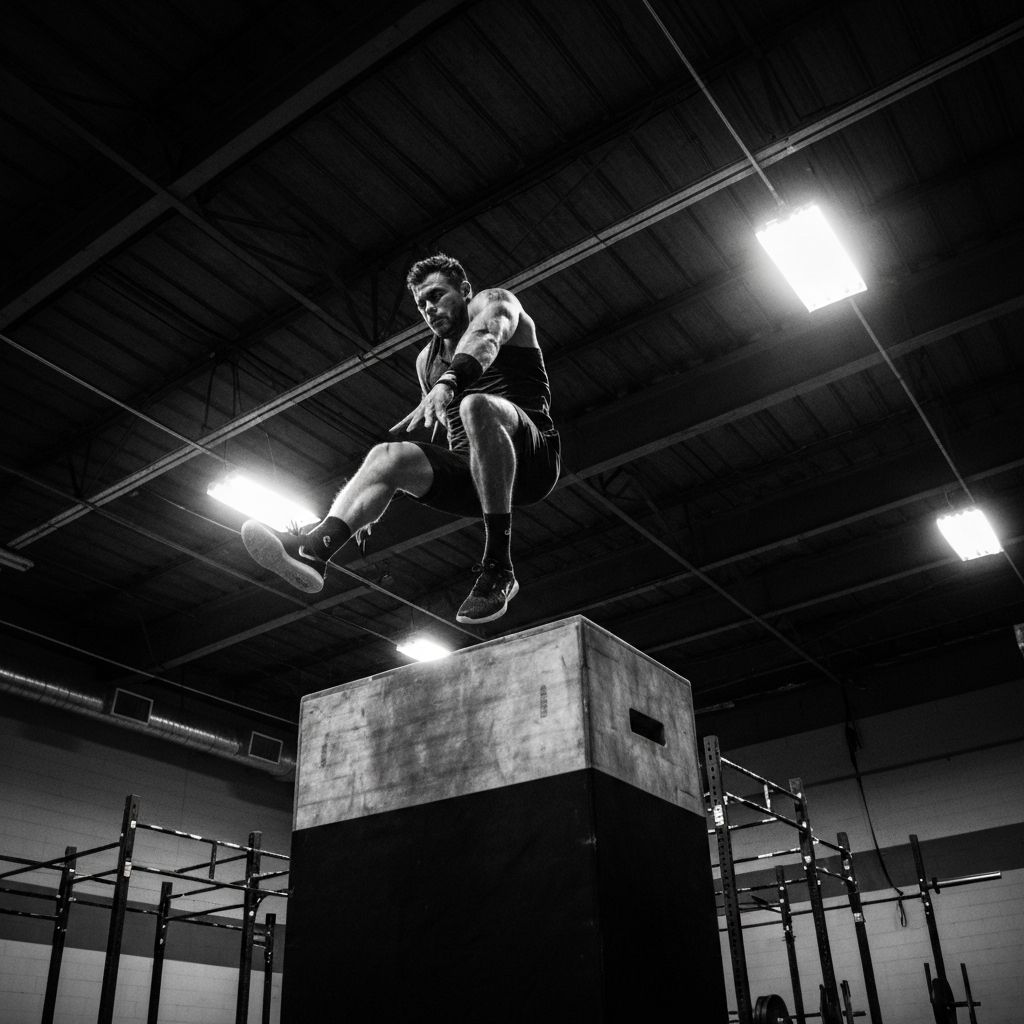 Salto explosivo de box jump capturado no ar, treino de potência no CrossFit