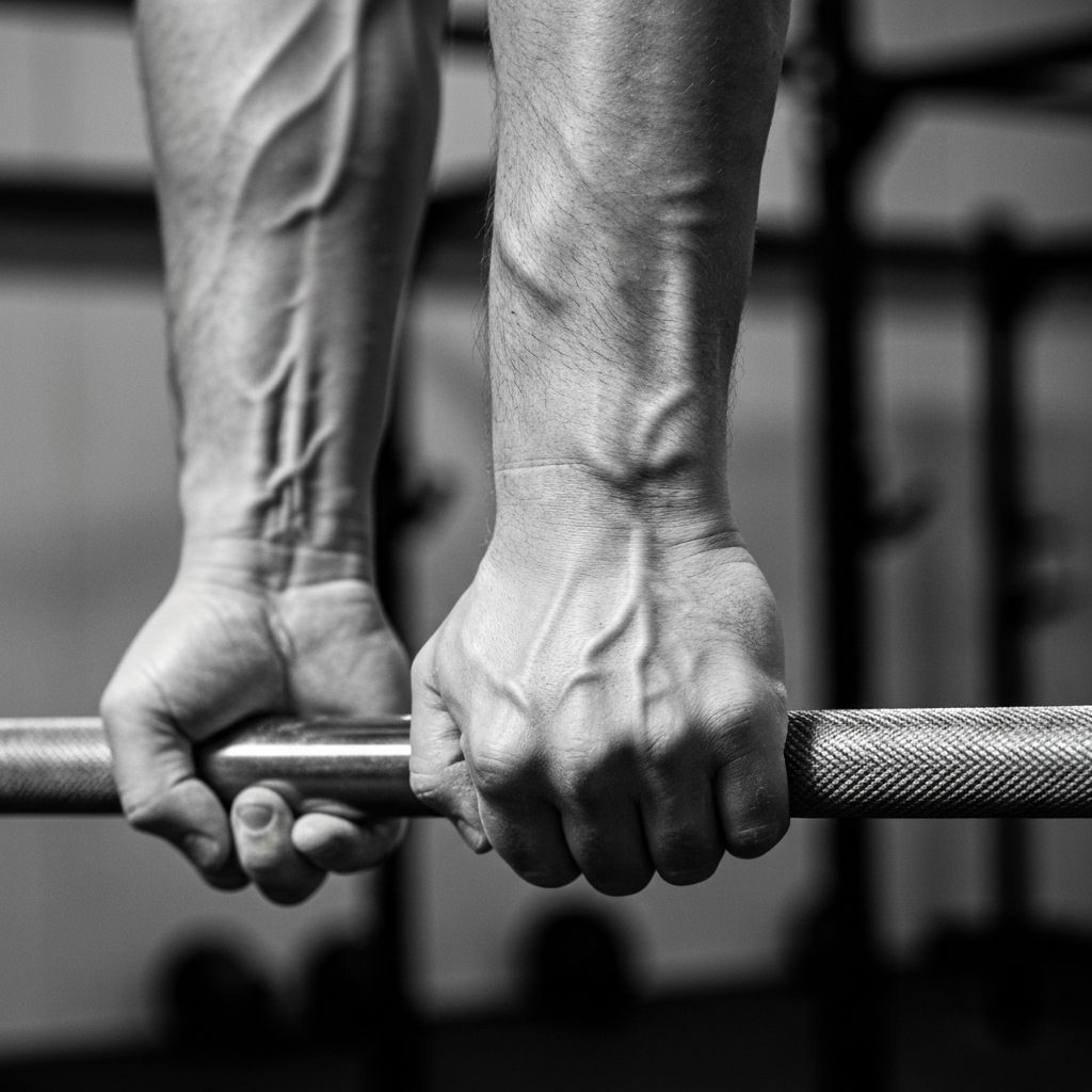Atleta de CrossFit segurando barra com giz nas mãos, demonstrando força e foco durante treino de Strength